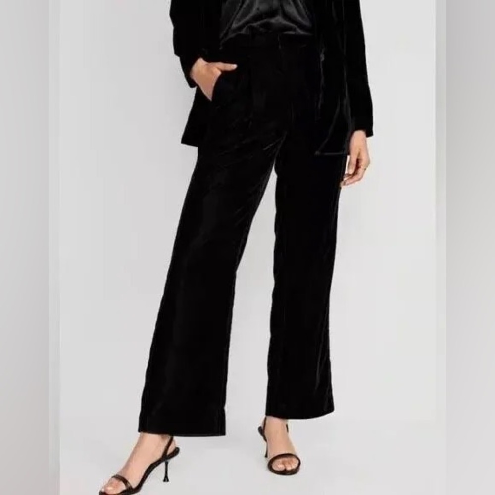 Old Navy High Black Velvet Waisted Taylor Wide Leg Trouser Full Length  L